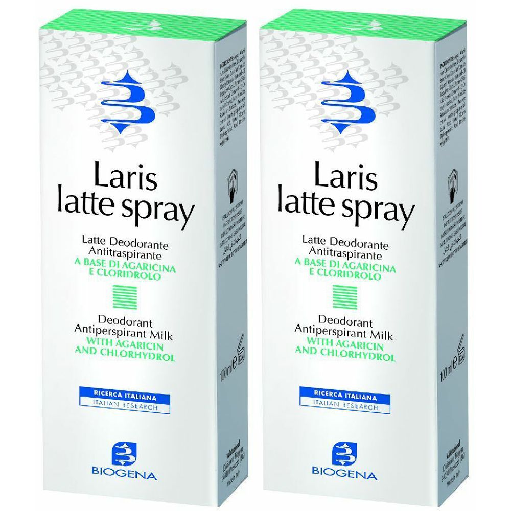 Due confezioni rettangolari bianche. Scritta: Laris latte spray, deodorante antitraspirante. Marchio: Biogena.