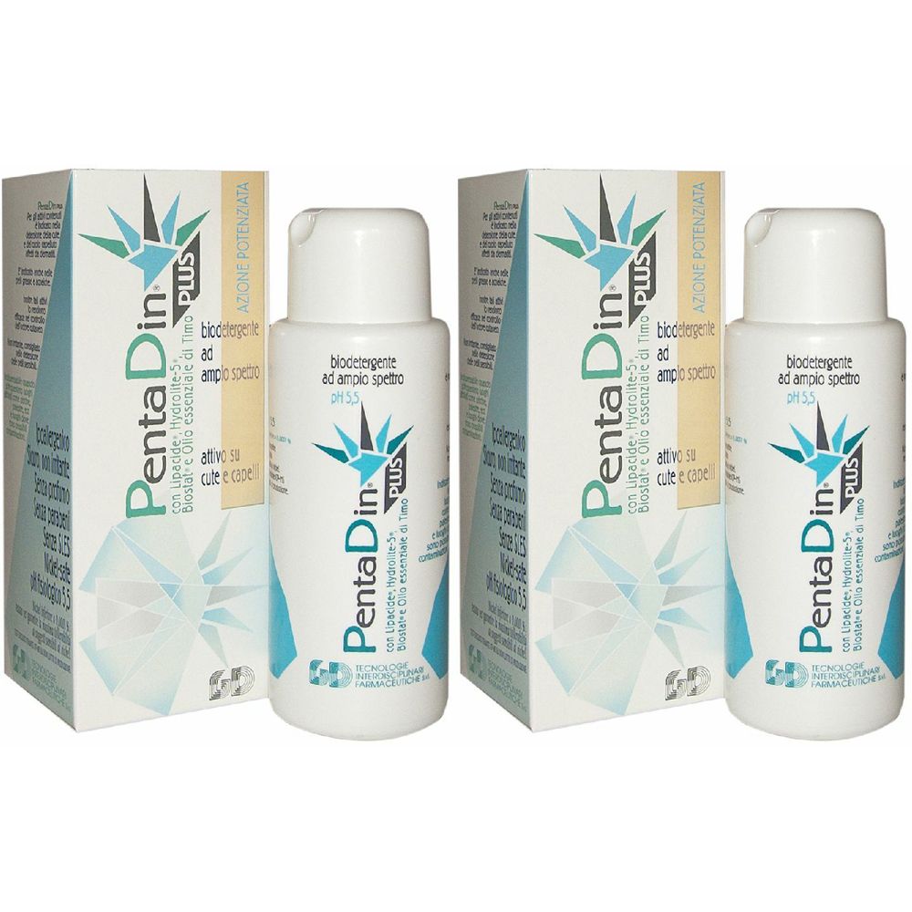 Due flaconi e due scatole. Scritta: PentaDin Plus. Bianco e azzurro. Prodotto per la salute.