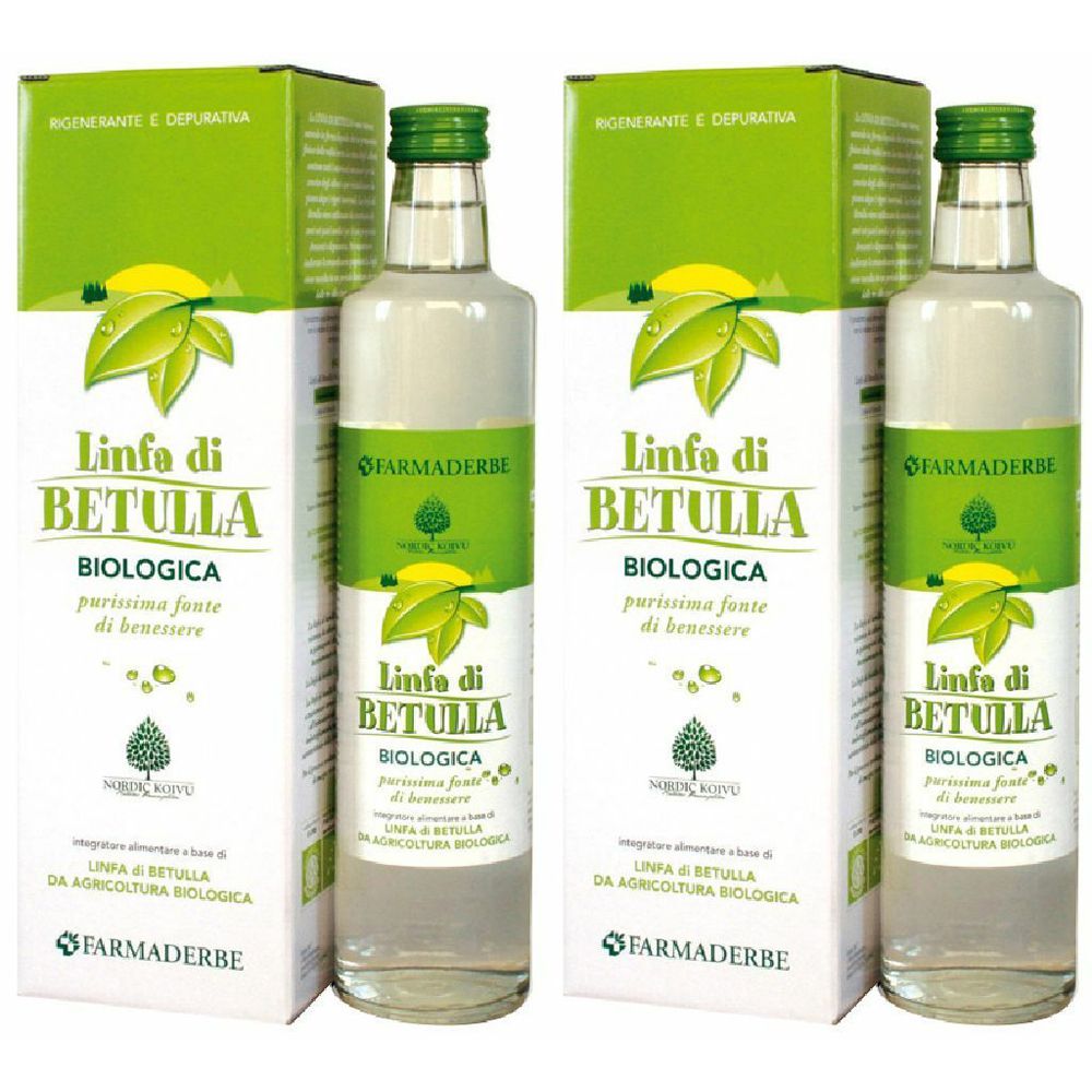 Due bottiglie con etichette verdi e scatole. Scritta: Linfa di Betulla, biologico. Marchio: Farmaderbe.