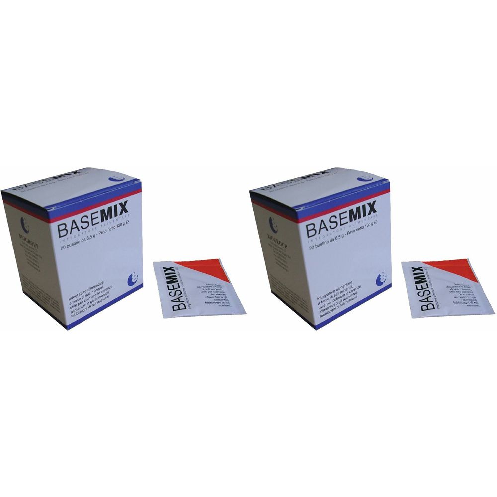 Due scatole bianche con scritte blu e rosse. Scritta BASEMIX. Due piccole bustine rosse e bianche con scritta BASEMIX.