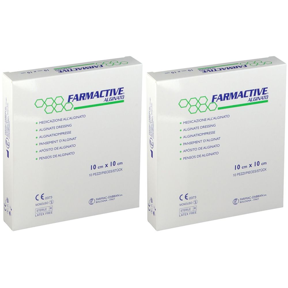 Due scatole bianche Farmactive Alginato. Scritta: 10 cm x 10 cm. Dispositivo medico.