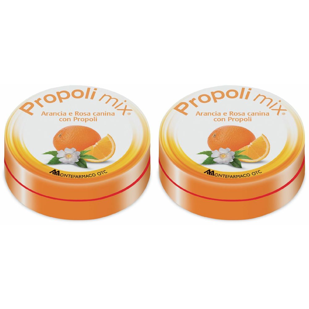 Due confezioni rotonde arancioni. Sul coperchio, "Propoli mix", poi "Arancia e Rosa canina con Propoli". Logo Montefarmaco OTC.