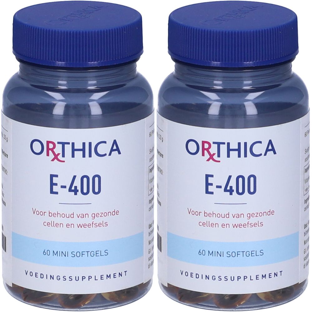 Due flaconi con tappi blu. Le etichette riportano "ORTHICA E-400", "60 MINI SOFTGELS" e testo in olandese.