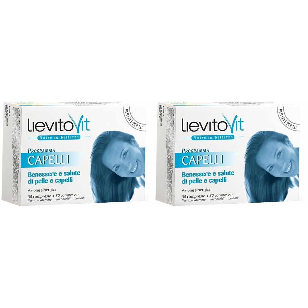 Due confezioni di "LievitoVit Programma Capelli". Scritta: "Benessere e salute di pelle e capelli".