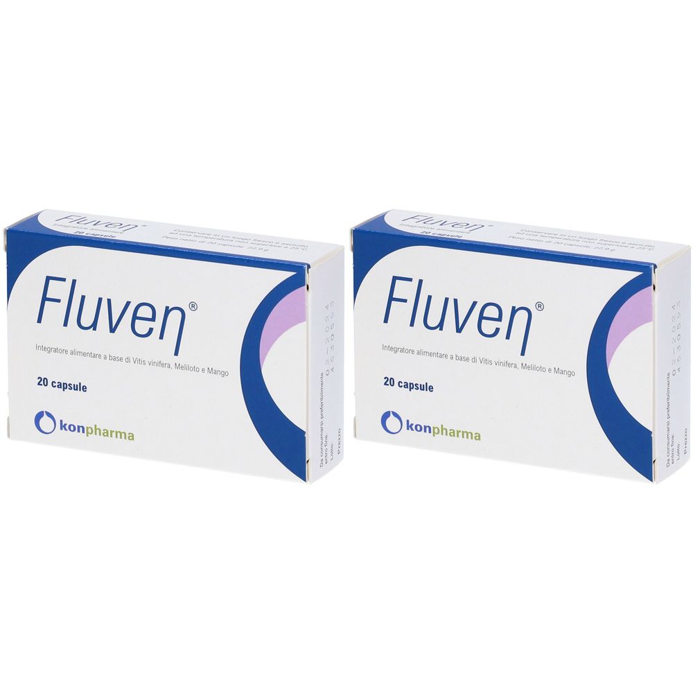 Due scatole bianche con la scritta "Fluven". Ogni scatola riporta "20 capsule" e il logo "konpharma".