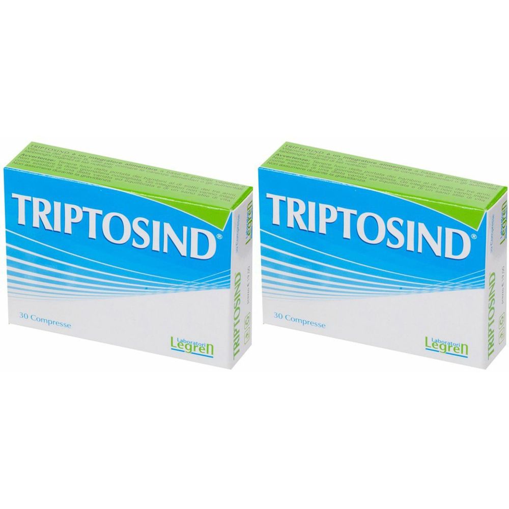 Due scatole di "Triptosind". Confezione blu e bianca con coperchio verde. Marchio "Legren".