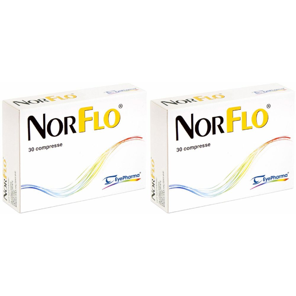 Due scatole bianche con la scritta "NorFLO", 30 compresse. Scritta "EyePharma".