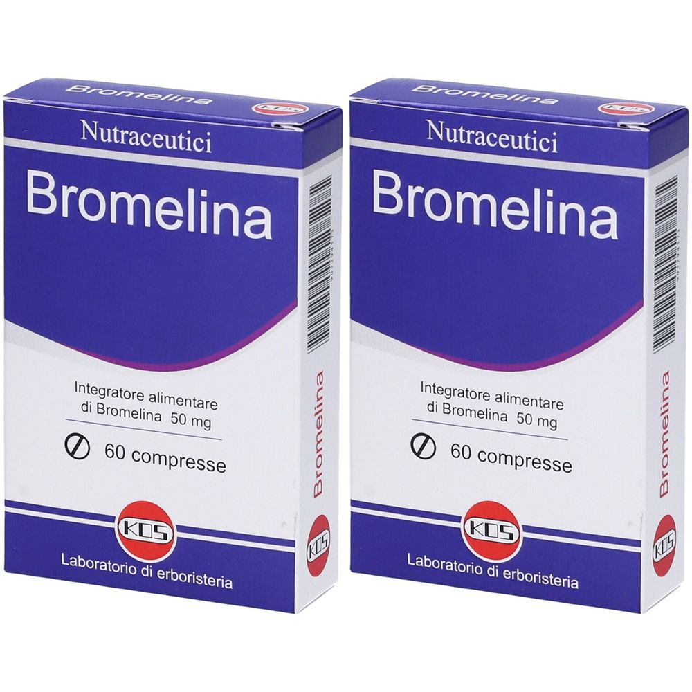 Due scatole di "Bromelina". Confezione blu e bianca con testo. Contiene 60 compresse.