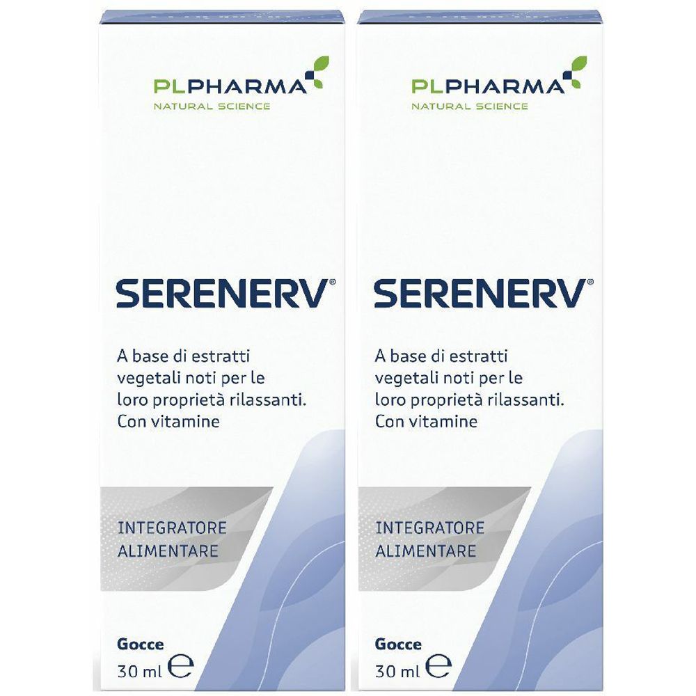Due confezioni di SERENERV. Scritta: PL Pharma, SERENERV, integratore alimentare, gocce, 30 ml.