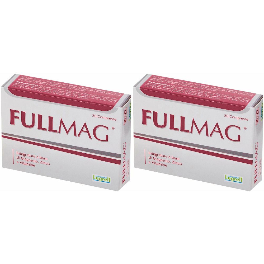 Due confezioni di Fullmag. Confezione bianca con testo e dettagli rossi. Testo: Fullmag, 20 Compresse, Integratore a base di Magnesio, Zinco e Vitamine.