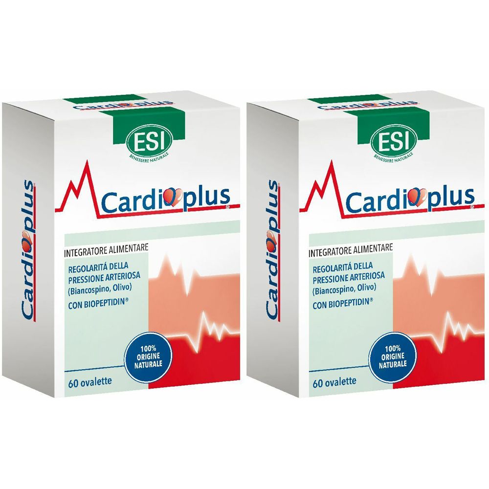 Due confezioni di "Cardio plus" con logo "ESI". Testo: "INTEGRATORE ALIMENTARE". Contiene 60 ovalette. Scritta: "100% ORIGINE NATURALE".