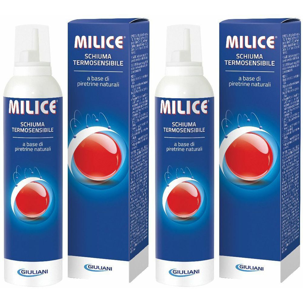 Tre flaconi e confezioni. Scritta: MILICE Schiuma Termosensibile. Cerchio rosso su sfondo blu. Marchio GIULIANI.