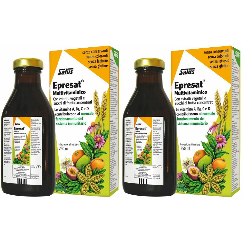 Due bottiglie e due scatole. Scritta: Salus Epresat Multivitaminico. Con estratti e succhi di frutta. 250 ml.