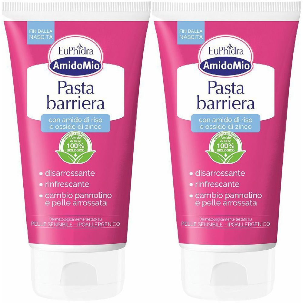 Due tubi di crema rosa. Scritta: EuPhidra Amido Mio Pasta barriera. Con amido di riso e ossido di zinco. 100% biologico.