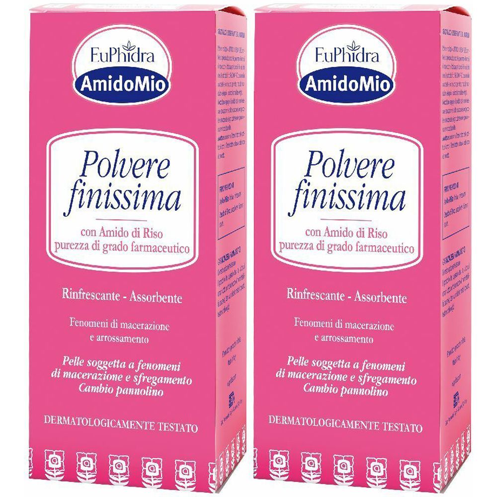 Due scatole rosa. Scritta: Euphidra Amido Mio, Polvere finissima. Testo: Con amido di riso, purezza farmaceutica. Dermatologicamente testato.