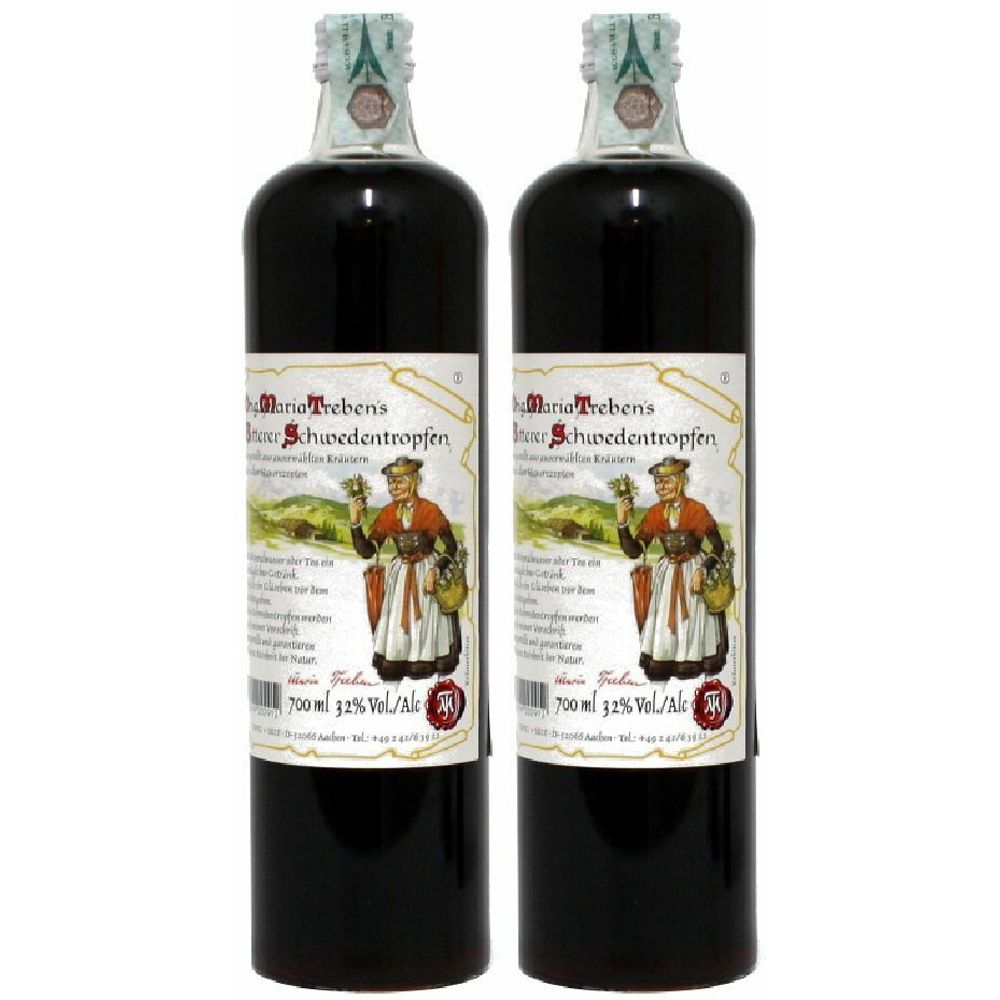 Due bottiglie di liquido scuro. Le etichette riportano "Maria Treben's Bittere Schwedentropfen".