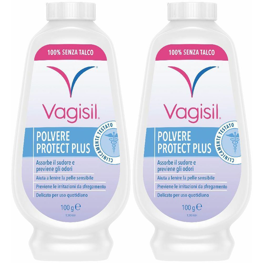 Due flaconi bianchi di Vagisil Polvere Protect Plus. Etichette rosa e blu. Testo: 100% senza talco, 100g, clinicamente testato.
