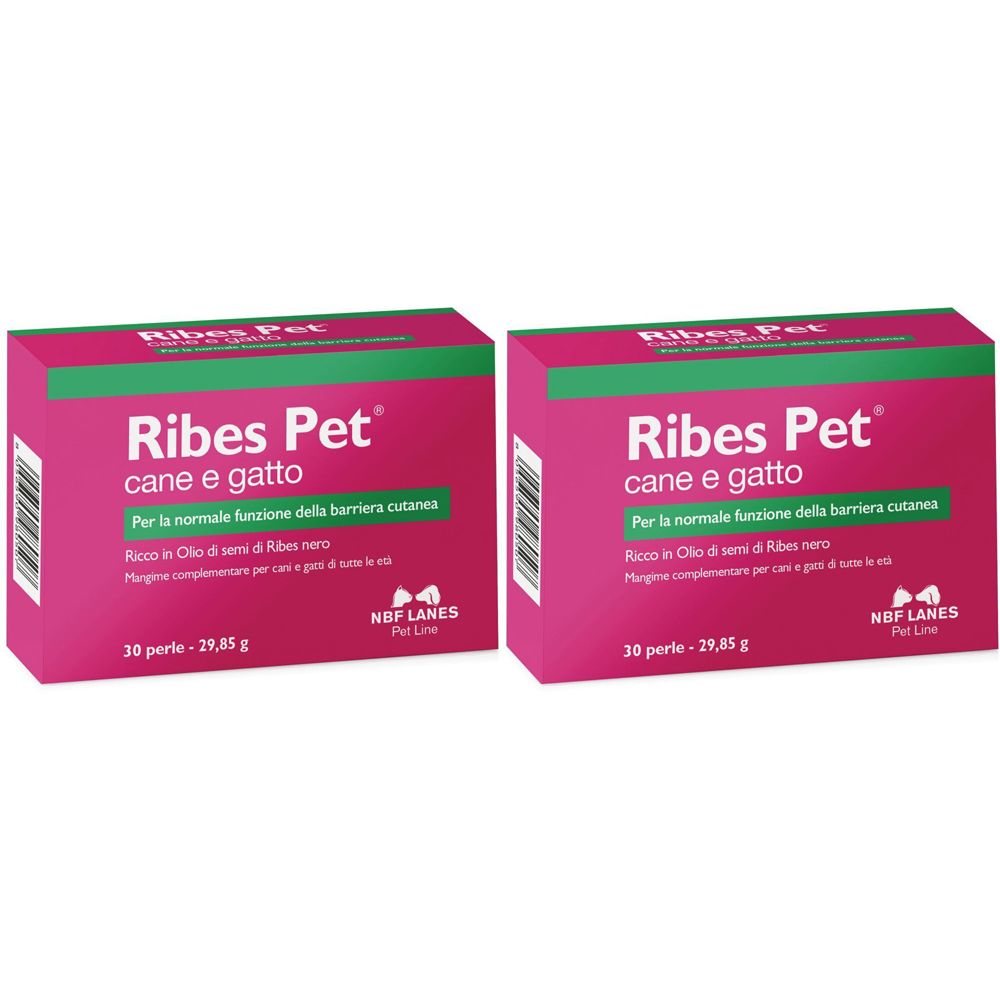 Due scatole rosa "Ribes Pet" per cani e gatti. Testo verde e bianco. 30 perle. Marchio NBF Lanes.