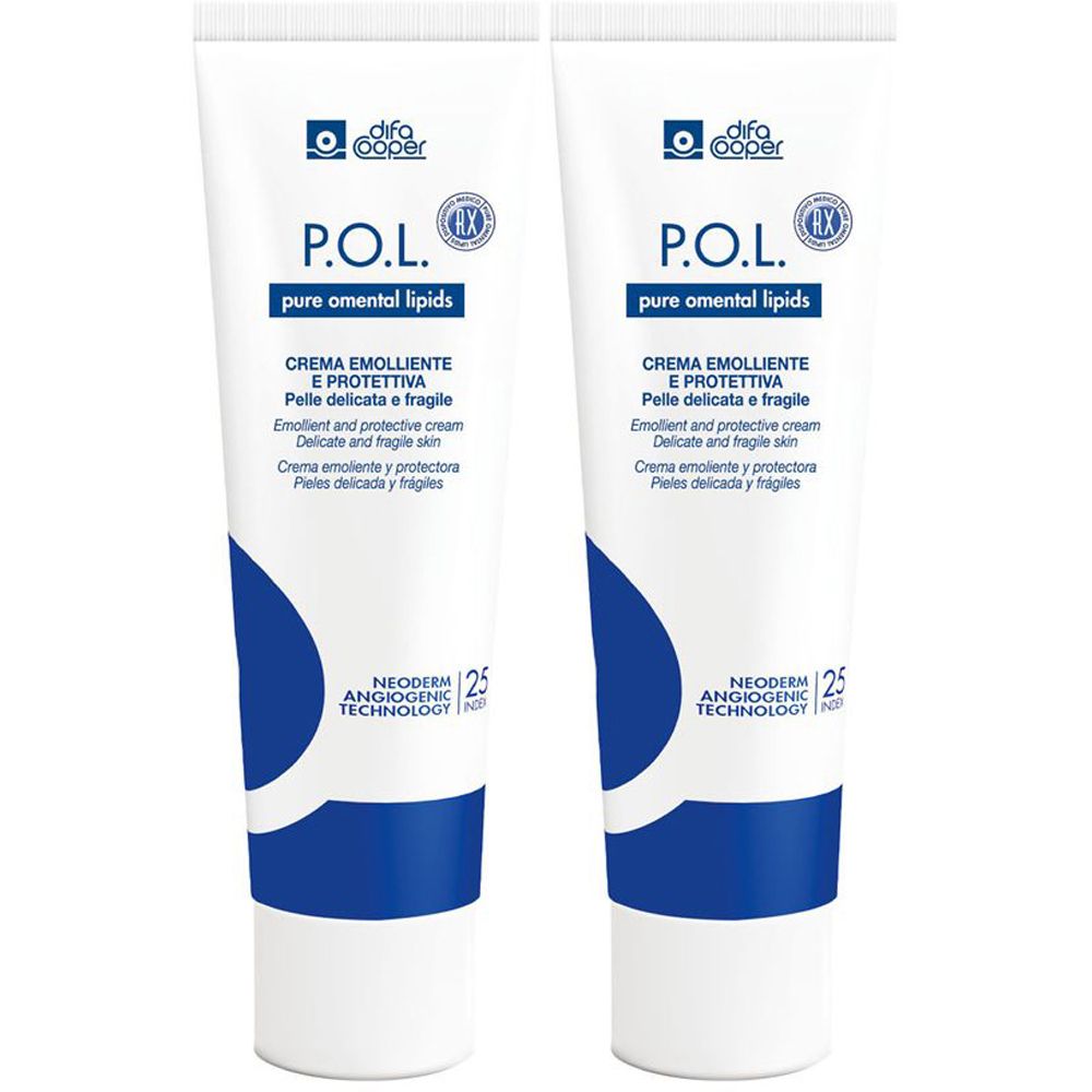 Due tubi bianchi con testo blu. Scritto: P.O.L. Crema Emolliente E Protettiva. Tecnologia Neoderm.