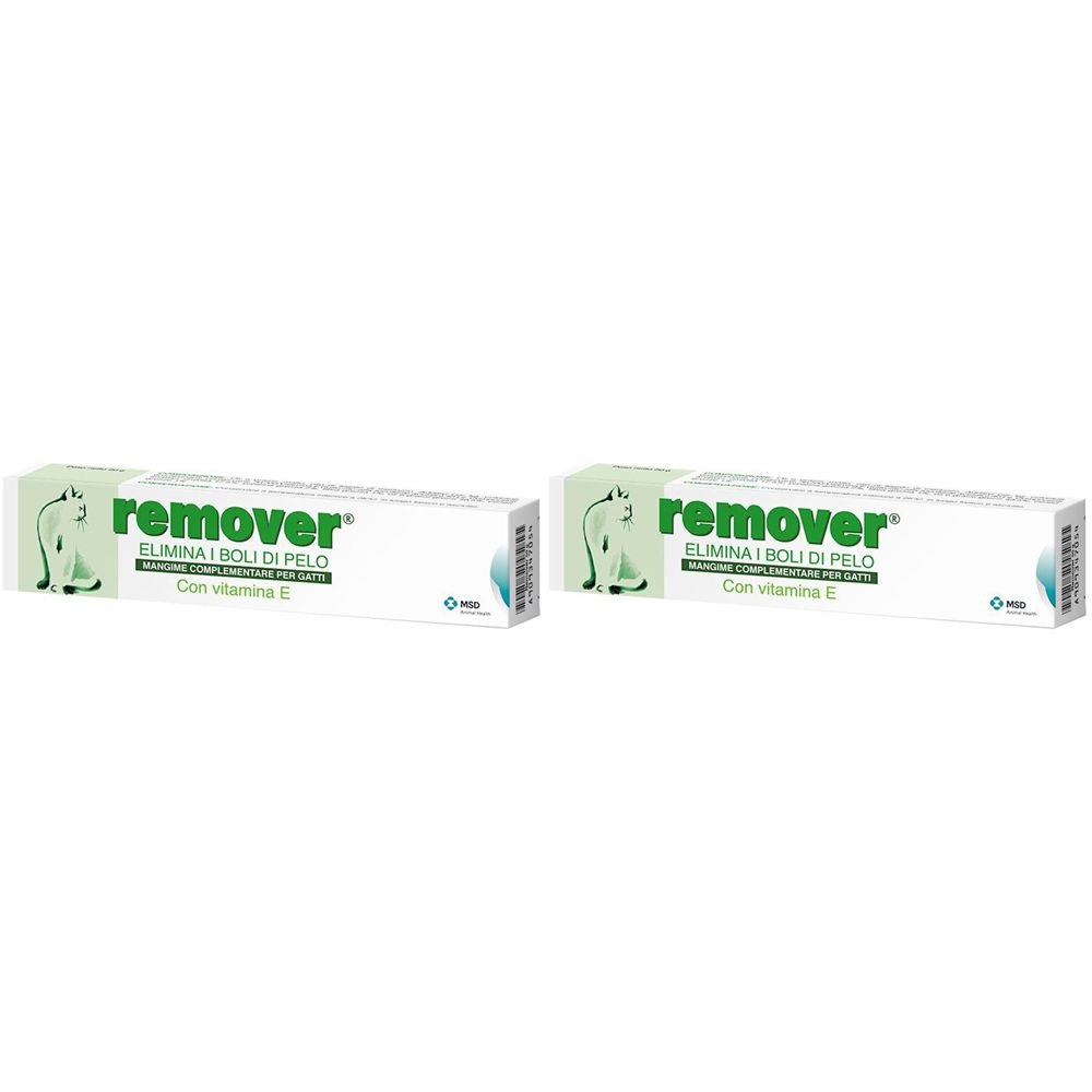 Due tubi di "Remover" per gatti. Confezione bianca con testo verde e immagine di gatto. Contiene vitamina E.