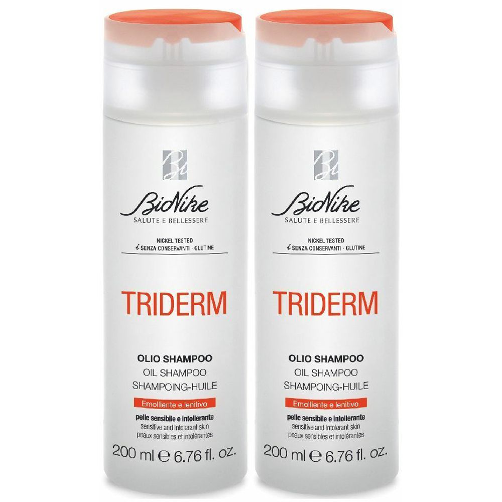 Due flaconi di shampoo. Scritta: Bionike Triderm, olio shampoo. Contiene 200 ml.