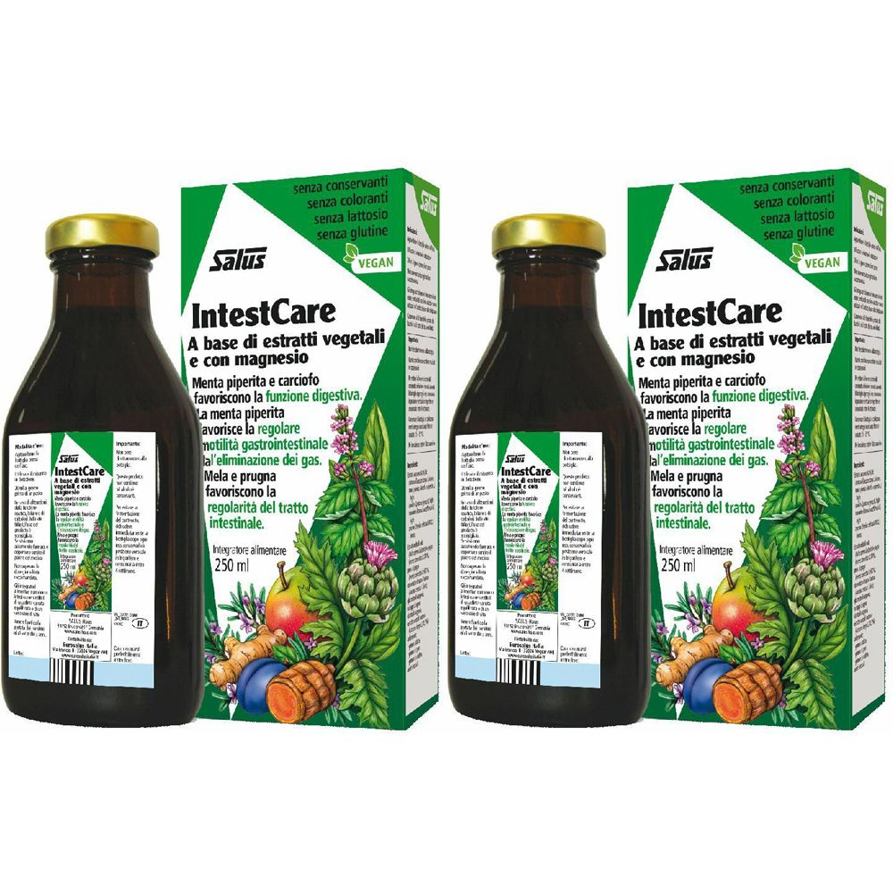 Due bottiglie e due scatole. Scritta: Salus IntestCare. Vegano. Con estratti vegetali e magnesio. 250 ml.