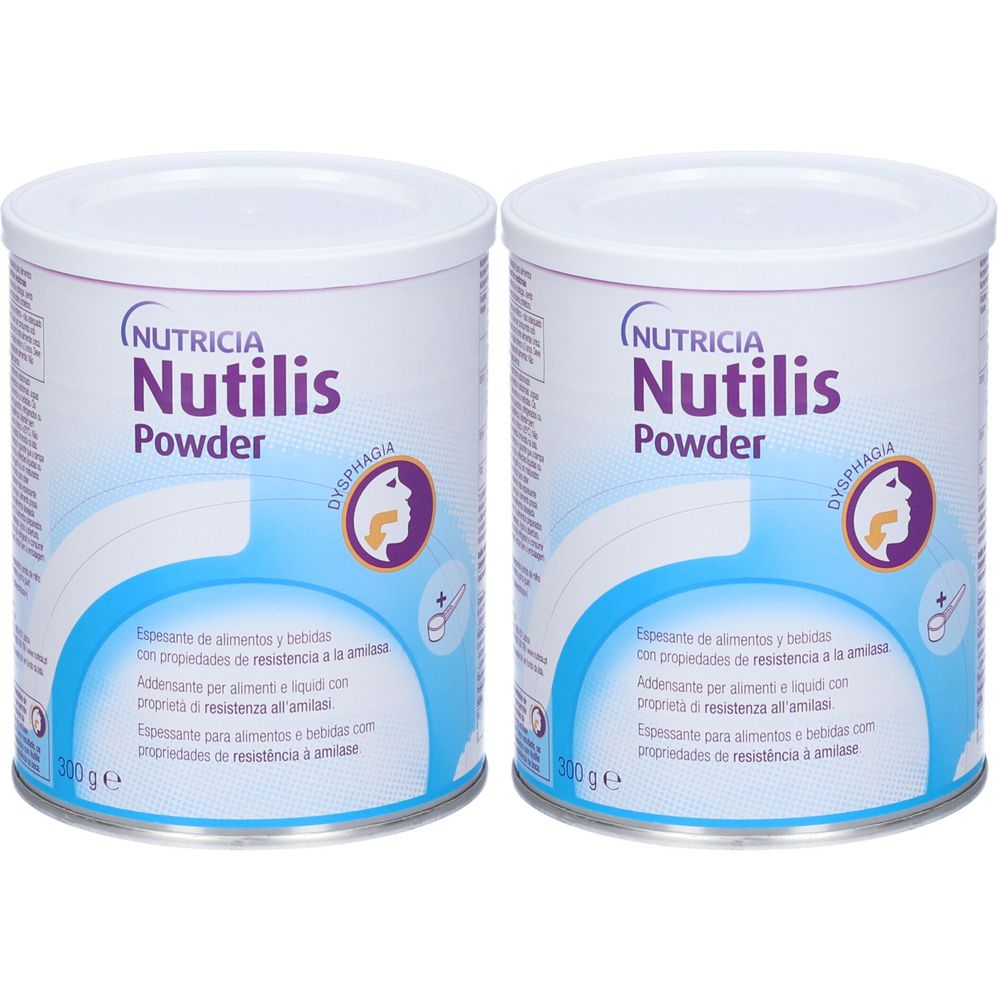 Due barattoli di Nutilis Powder, bianchi con scritte blu e viola. Scritta: Nutricia, Nutilis, Powder, Disfagia.