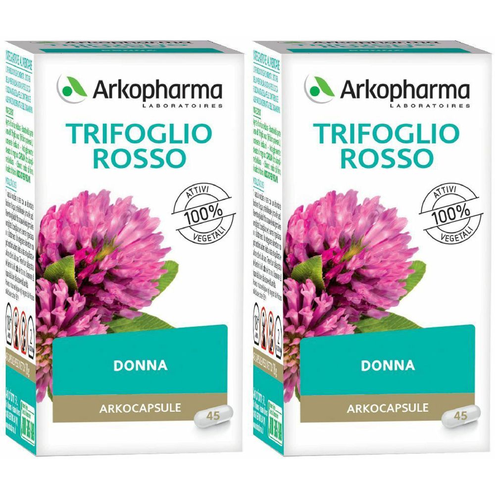 Due confezioni Arkopharma Trifoglio Rosso. Scritte: Trifoglio Rosso, 100% vegetale, Donna, Arkocapsule, 45.