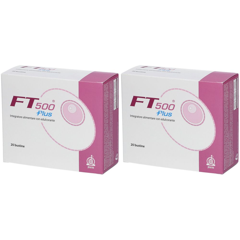Due scatole bianche con dettagli rosa. Scritta: FT 500 Plus, 20 bustine. Logo in basso a destra.