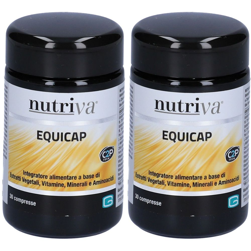 Due flaconi neri con etichetta "nutriva EQUICAP". Scritta: "Integratore alimentare a base di Estratti Vegetali, Vitamine, Minerali e Aminoacidi".