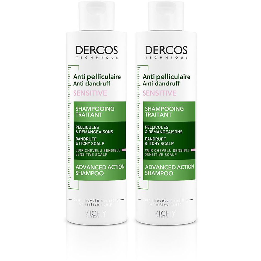 Due flaconi bianchi con etichetta verde e bianca. Scritta: Dercos, shampoo antiforfora, cuoio capelluto sensibile.