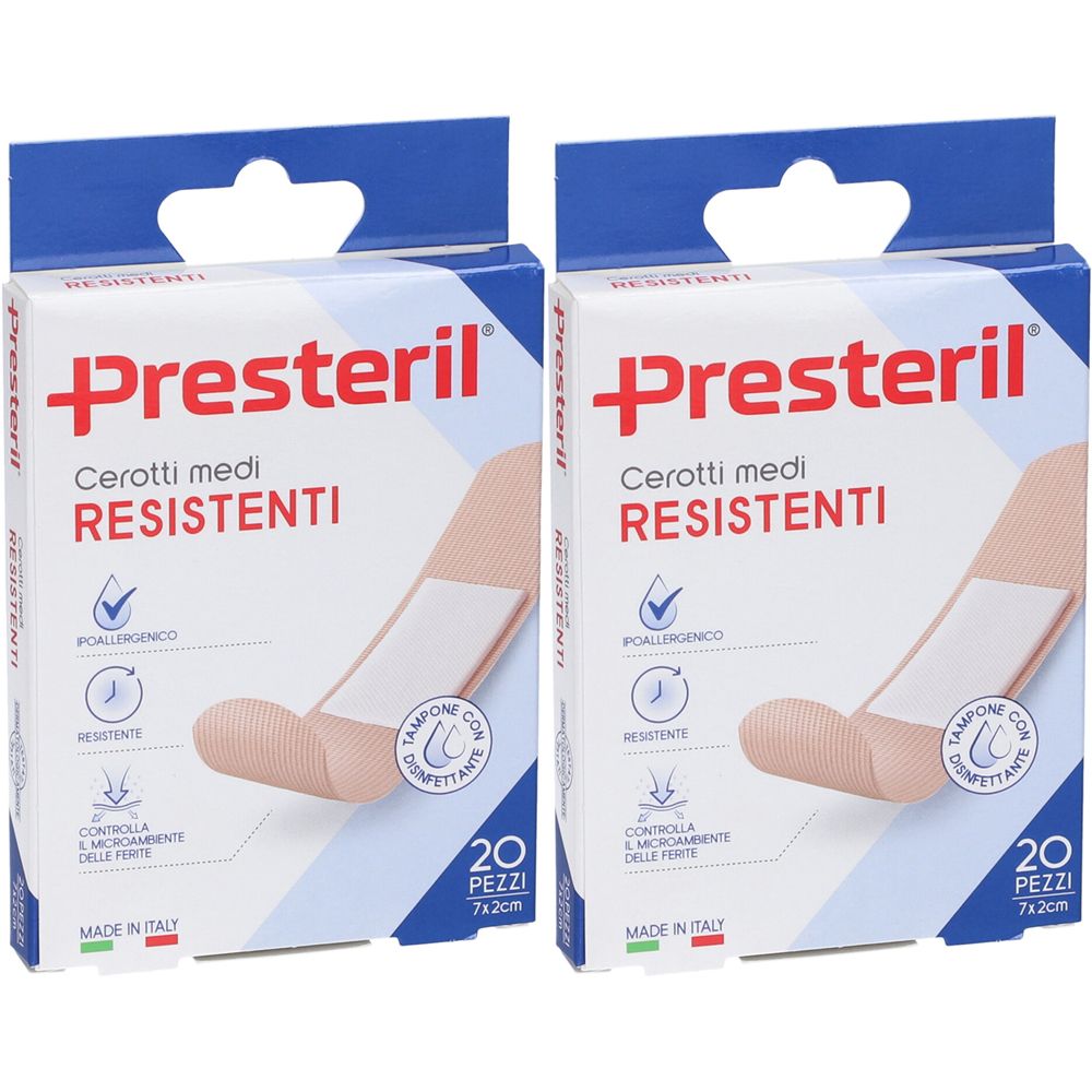 Due confezioni di cerotti Presteril, 7x2cm, 20 pezzi. Confezione con nome del prodotto e caratteristiche.