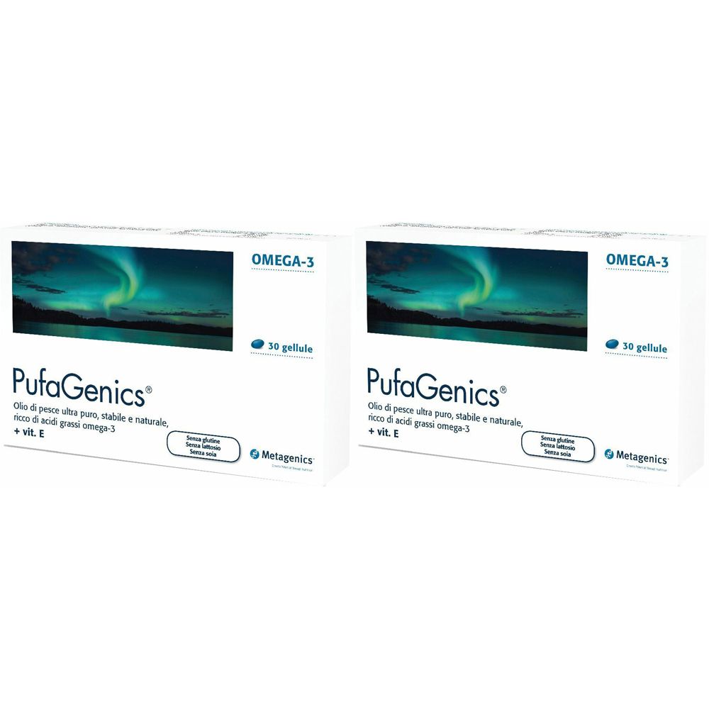 Due scatole bianche "PufaGenics" con logo e "Omega-3". Immagine di un paesaggio con aurora boreale.