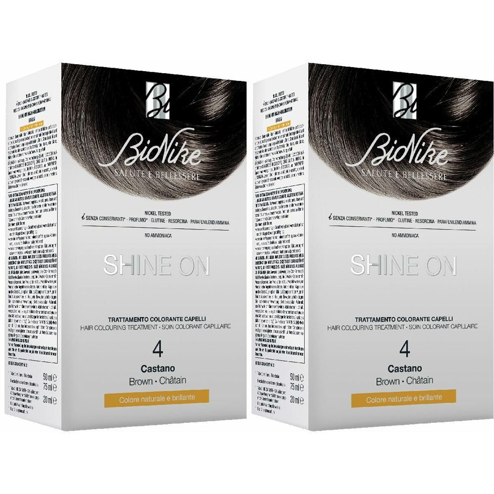Due confezioni di BioNike SHINE ON, trattamento colorante per capelli. Scritto: Castano 4, marrone-castano.