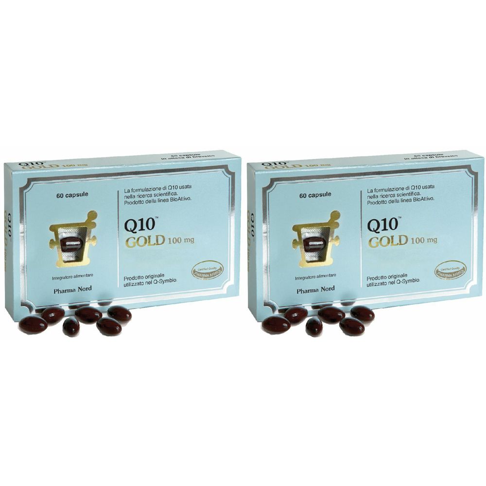 Due scatole di capsule Q10 Gold 100 mg. Scritta: 60 capsule. Capsule marroni davanti.