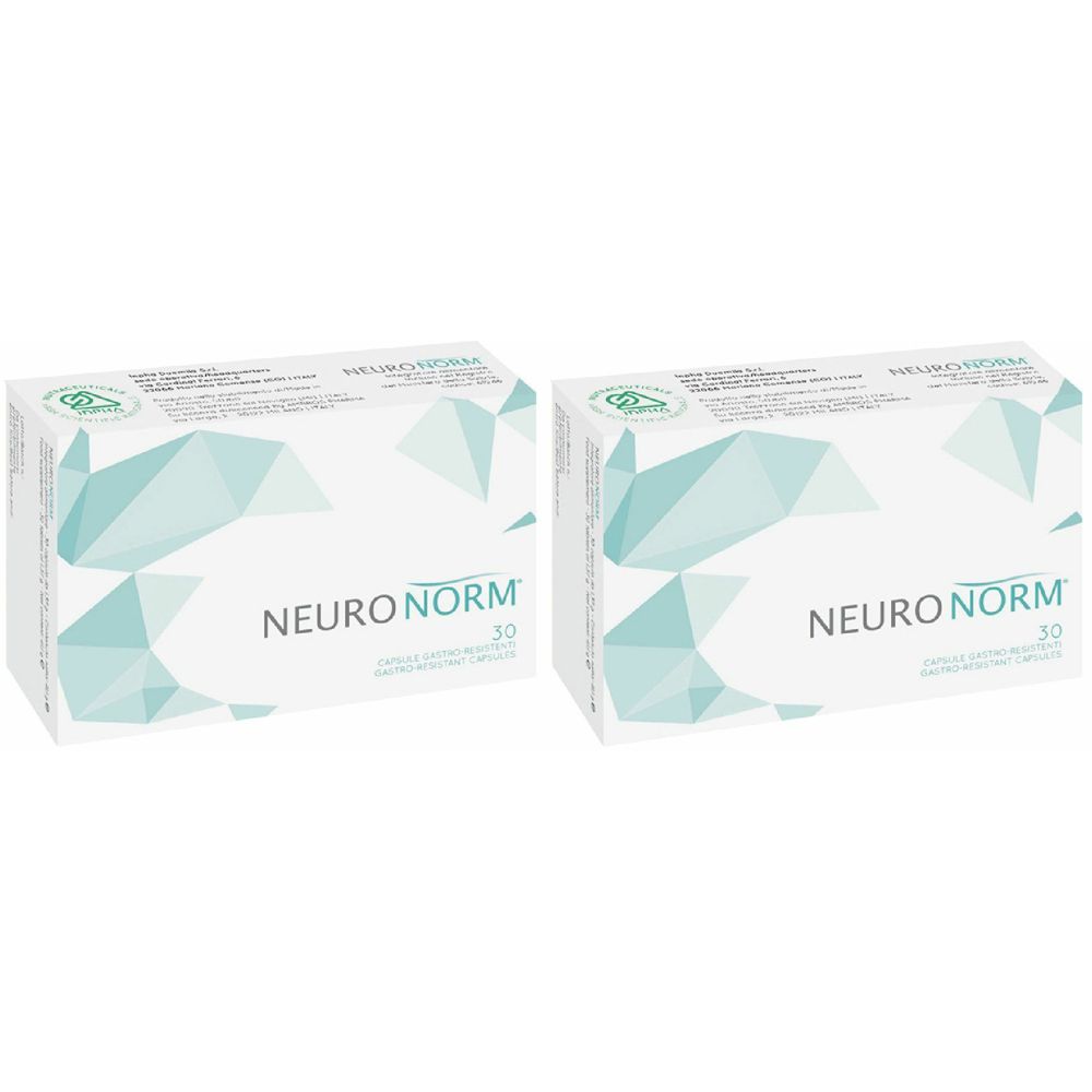 Due scatole bianche con la scritta NEURONORM. Ogni scatola presenta un logo e la scritta 30 Capsule. La confezione ha un motivo geometrico.