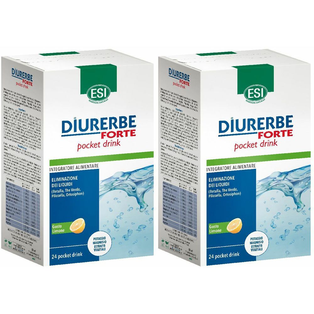 Due scatole bianche con la scritta DIURERBE FORTE pocket drink. Scritta ESI e altre informazioni sul prodotto.