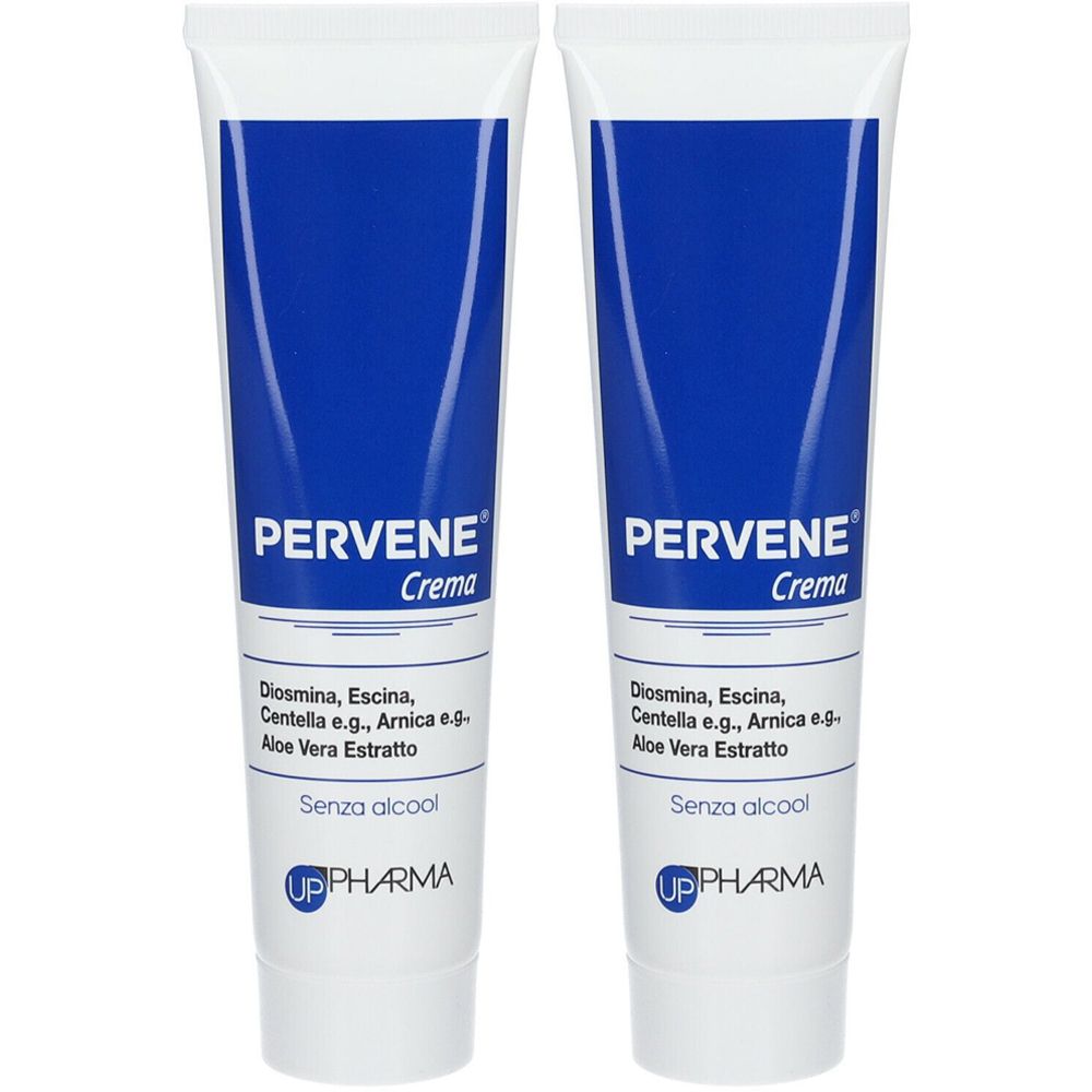 Due tubi di crema Pervene. Campo blu, testo bianco. Ingredienti, senza alcool, UP Pharma. Tubi bianchi con tappi.