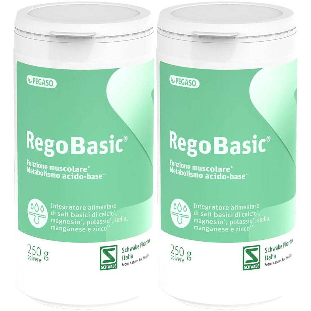 Due barattoli bianchi con etichetta verde. Scritta: Rego Basic, 250 g, integratore alimentare. Marchio: Pegaso e Schwabe Pharma.