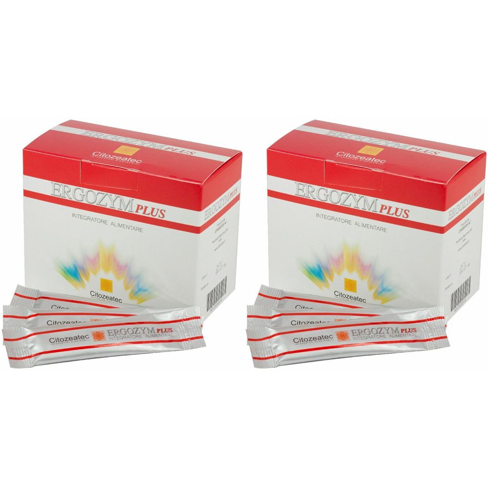 Due confezioni con coperchio rosso e base bianca. Scritta: ERGOZYM PLUS. Sotto, bustine del prodotto.