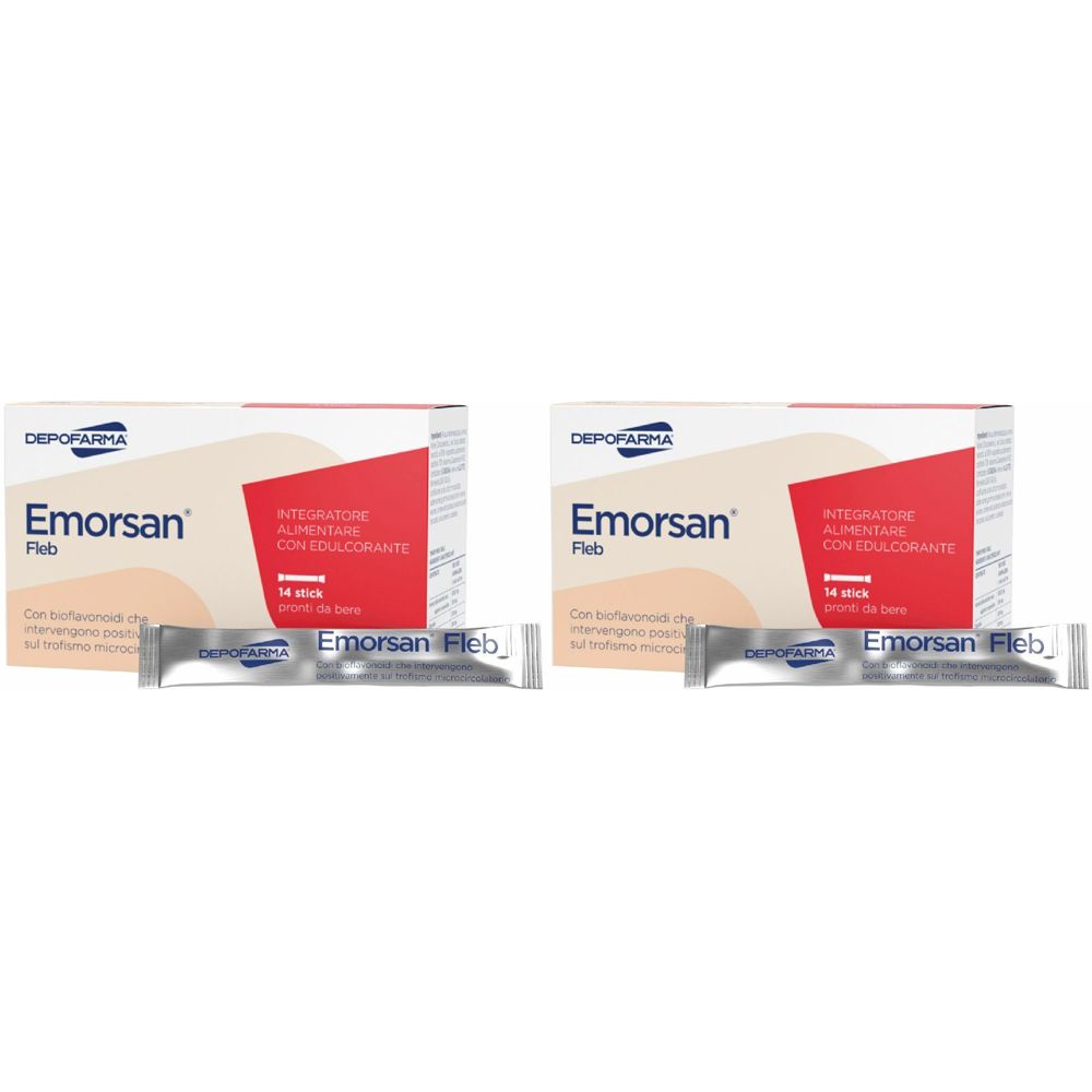 Due confezioni di Emorsan Fleb, ciascuna con 14 stick. Su ogni confezione, il nome "DEPOFARMA" e "Emorsan Fleb" sono visibili.