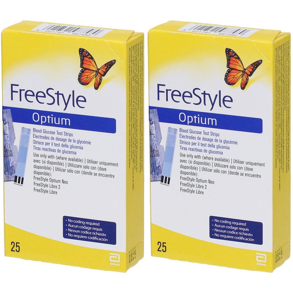 Due confezioni di strisce Freestyle Optium. Confezione gialla con farfalla e informazioni sul prodotto. Scritta: 25.