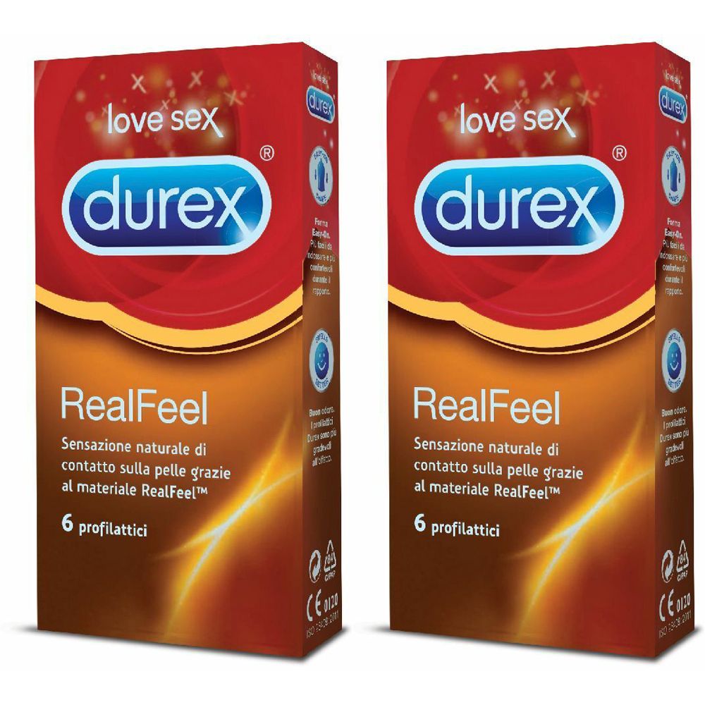 Due confezioni di preservativi Durex RealFeel. Confezione rossa con logo e nome del prodotto. 6 profilattici per confezione.