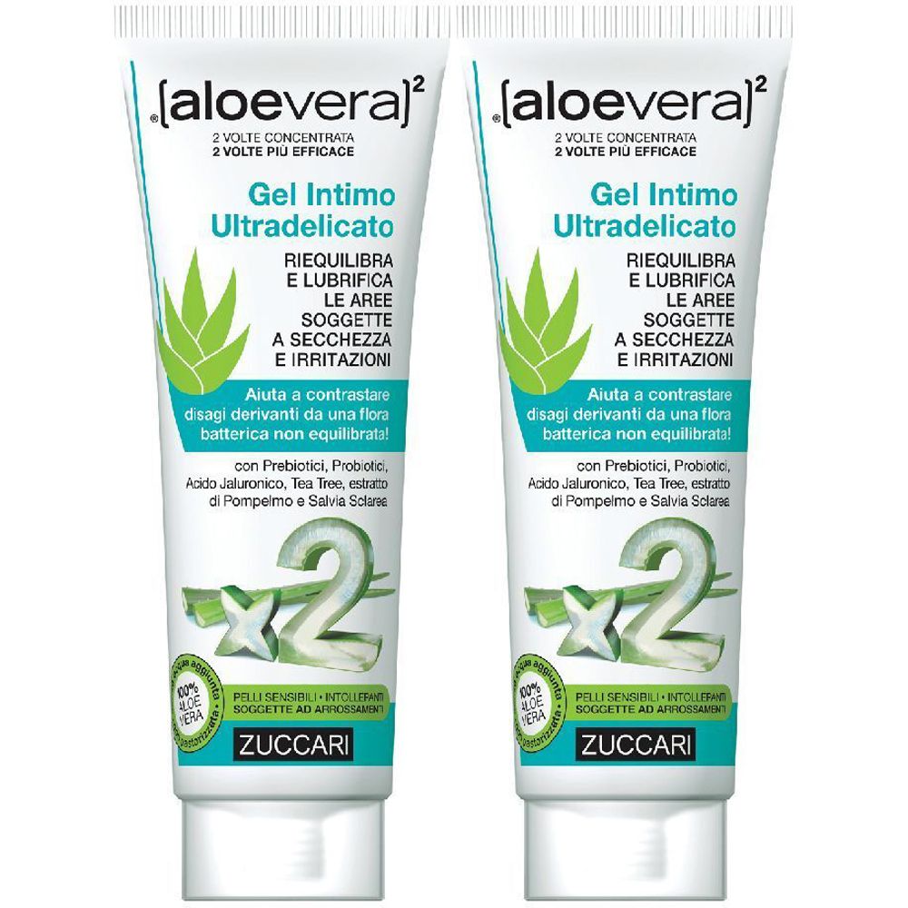 Due tubi di Gel Intimo Ultradelicato. Tubi bianchi con scritte verdi e logo aloe vera. Marchio ZUCCARI.