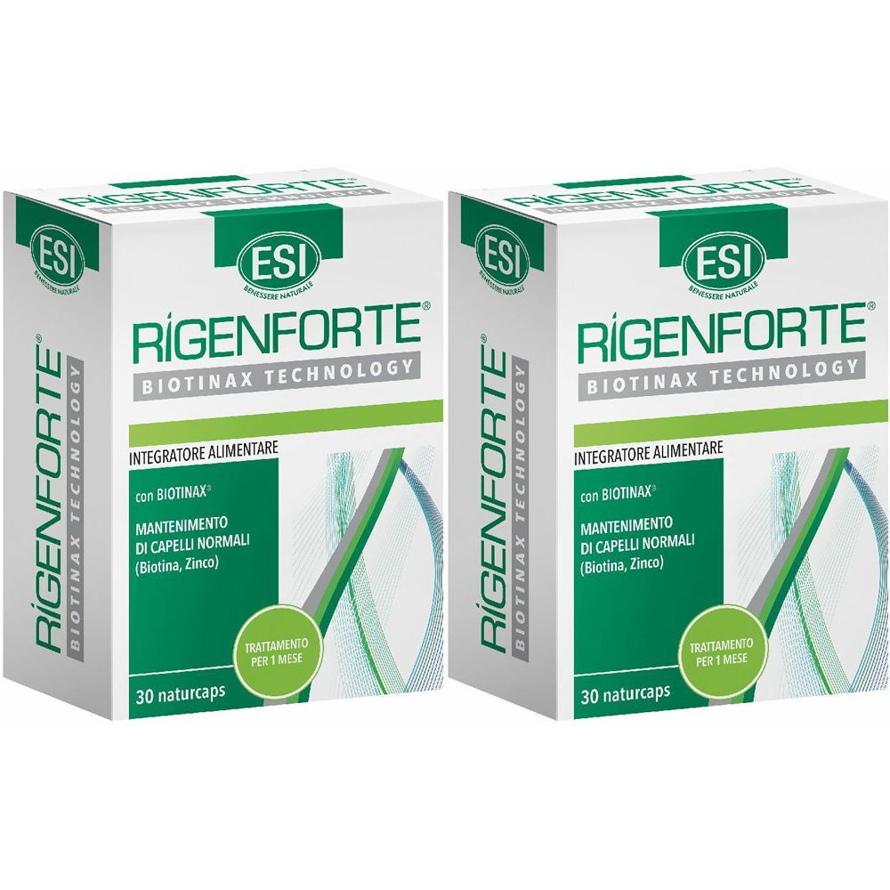 Due scatole bianche con dettagli verdi. Scritta: Rigenforte, Biotinax Technology, integratore alimentare. 30 naturcaps.