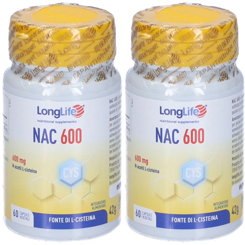 Due flaconi di LongLife NAC 600. Scritta: NAC 600, 60 capsule, fonte di L-cisteina. Confezione gialla e bianca.