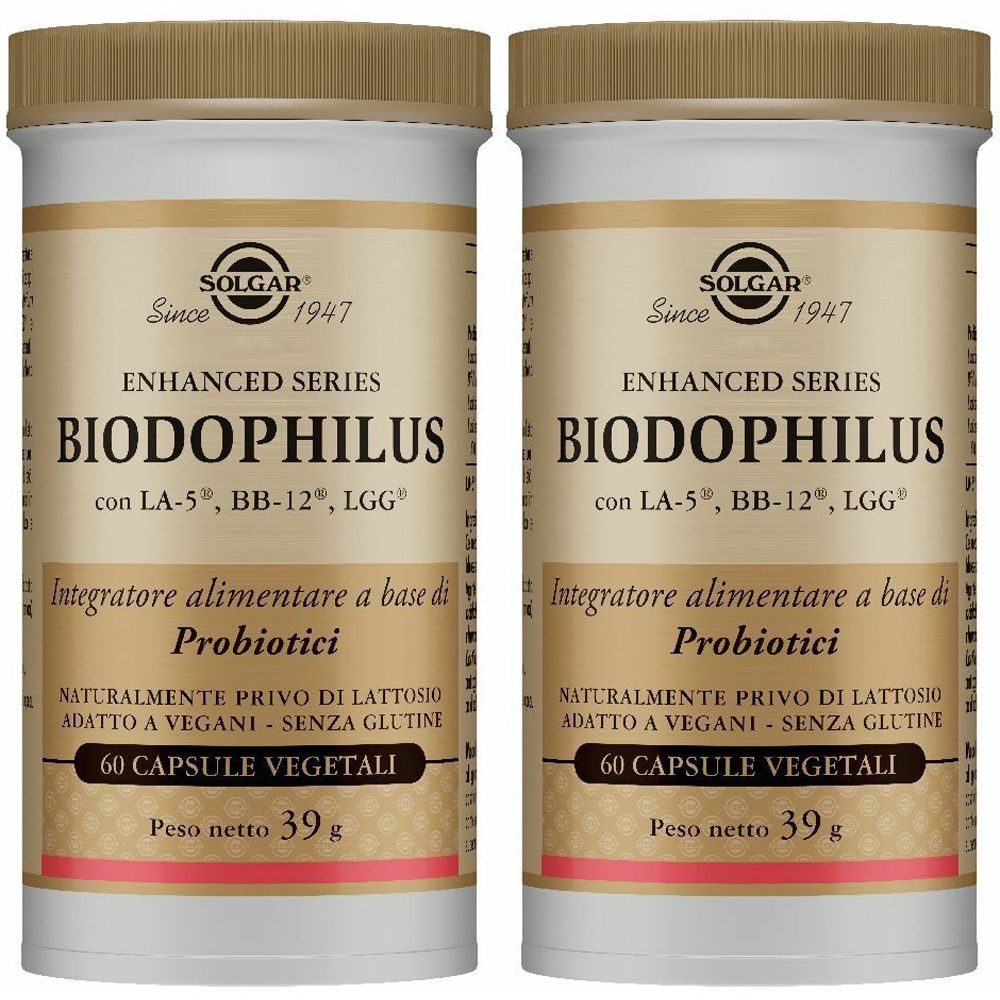 Due flaconi di BIODOPHILUS. Scritta: 60 CAPSULE VEGETALI. Marchio: SOLGAR.