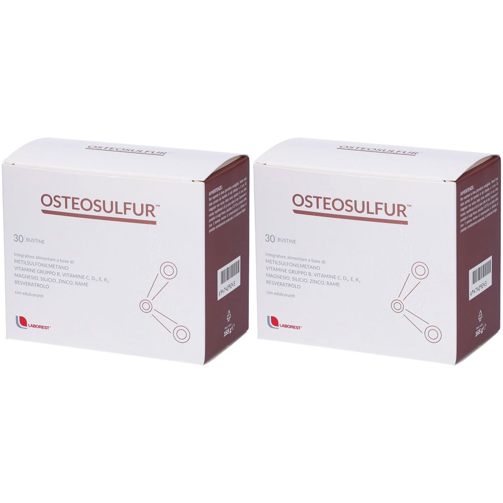 Due scatole bianche con scritto "OSTEOSULFUR". Ogni scatola mostra "30 capsule" e altre informazioni. Accenti marroni.