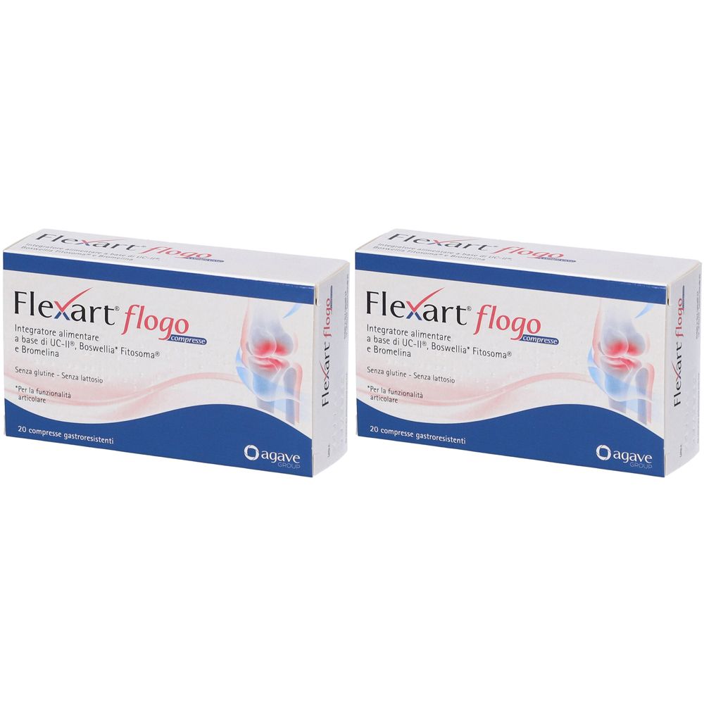 Due scatole di Flexart Flogo. Confezione bianca con grafica blu e rossa. Testo: Flexart Flogo, 20 compresse gastroresistenti, logo agave.