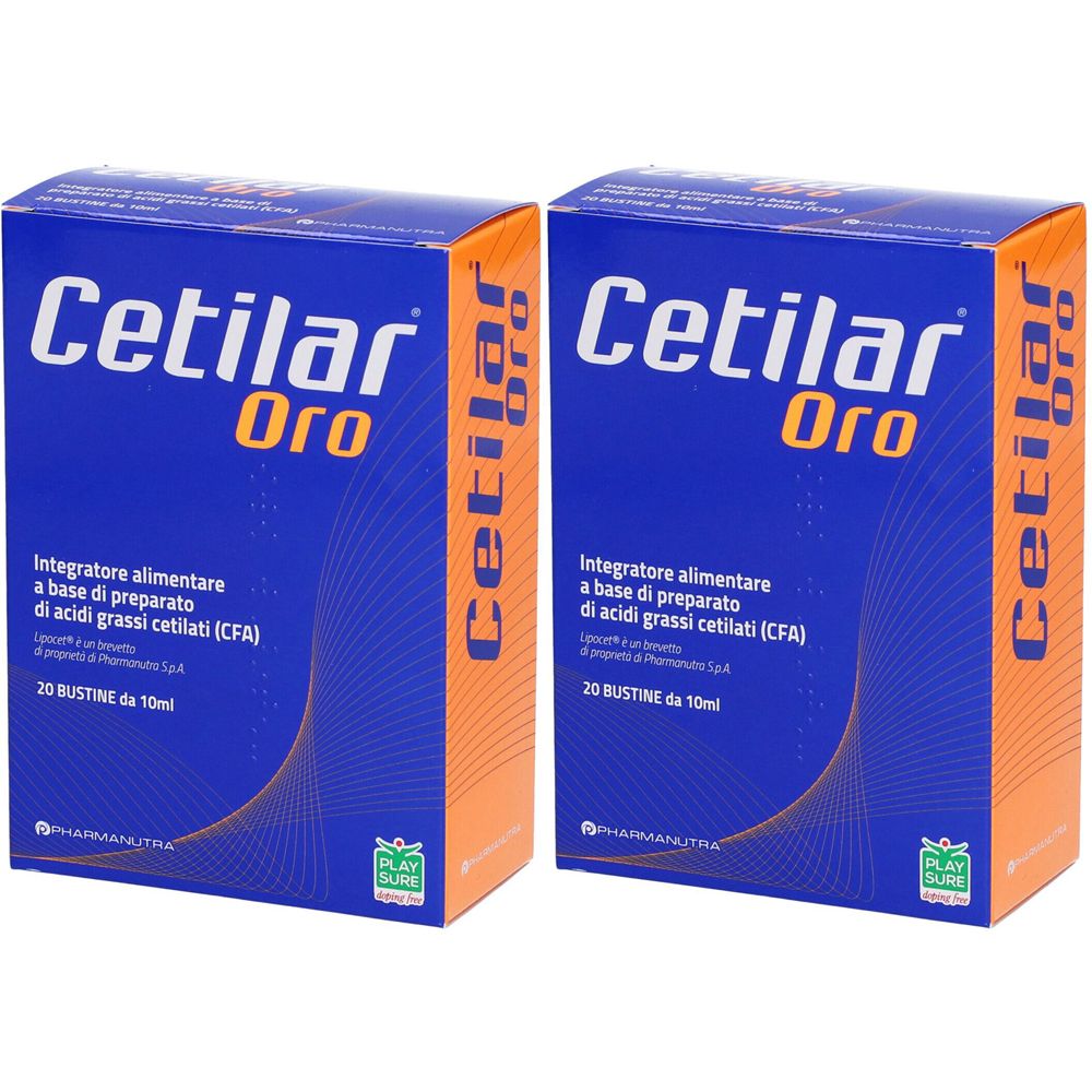 Due scatole blu con "Cetilar Oro". Testo: Integratore alimentare a base di acidi grassi cetilati. 20 bustine da 10ml.